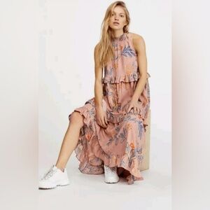 Free People Pink 100% Cotton Tropical Bohemian Ruffle Halter Maxi Dress size M
